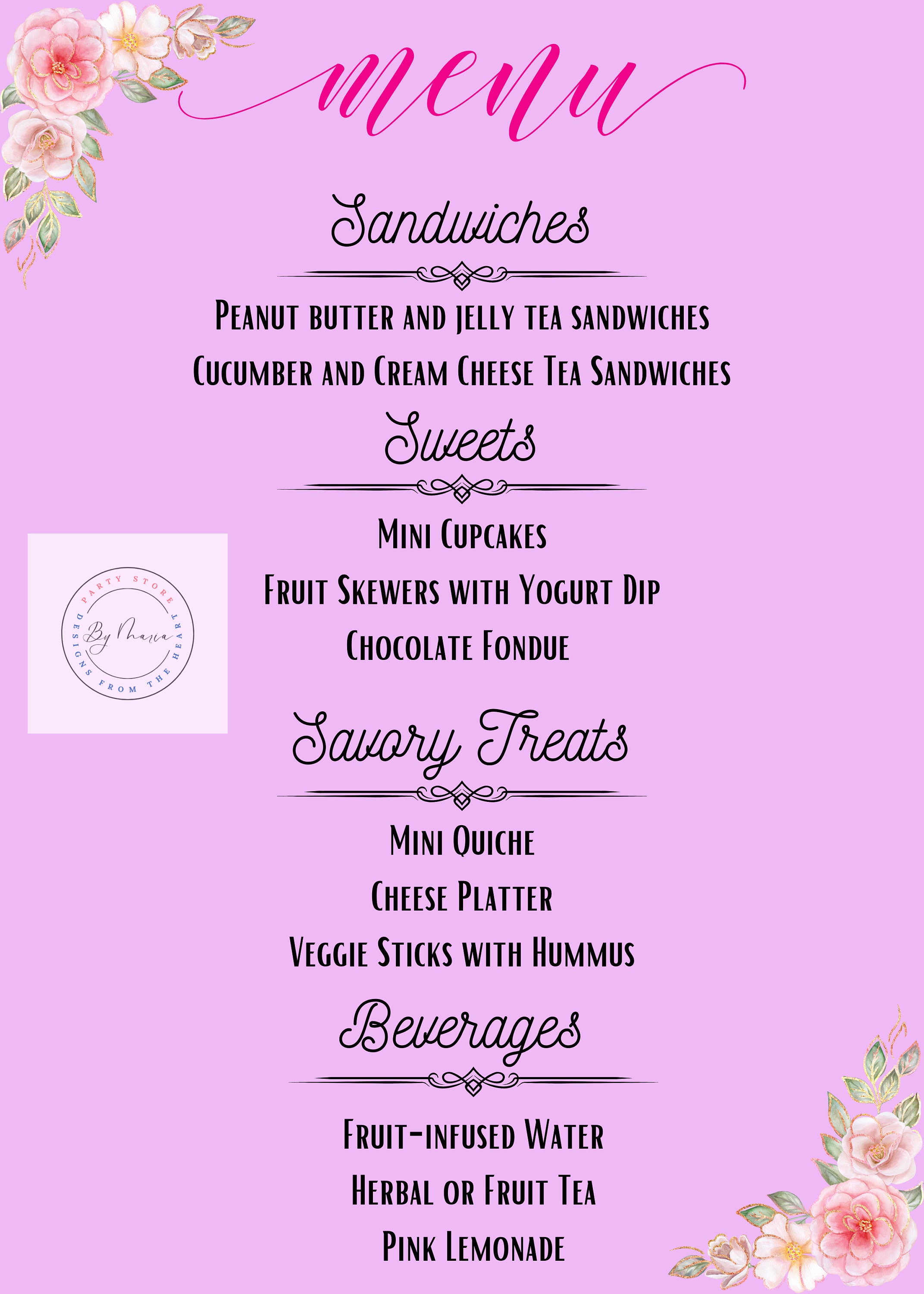 Tea Party Menu Board -- Digital Download -- Poster Size or Smaller for
