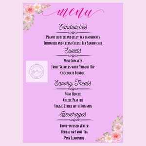 Tea Party Menu Board -- Digital Download -- Poster Größe oder kleiner für Gedecke.