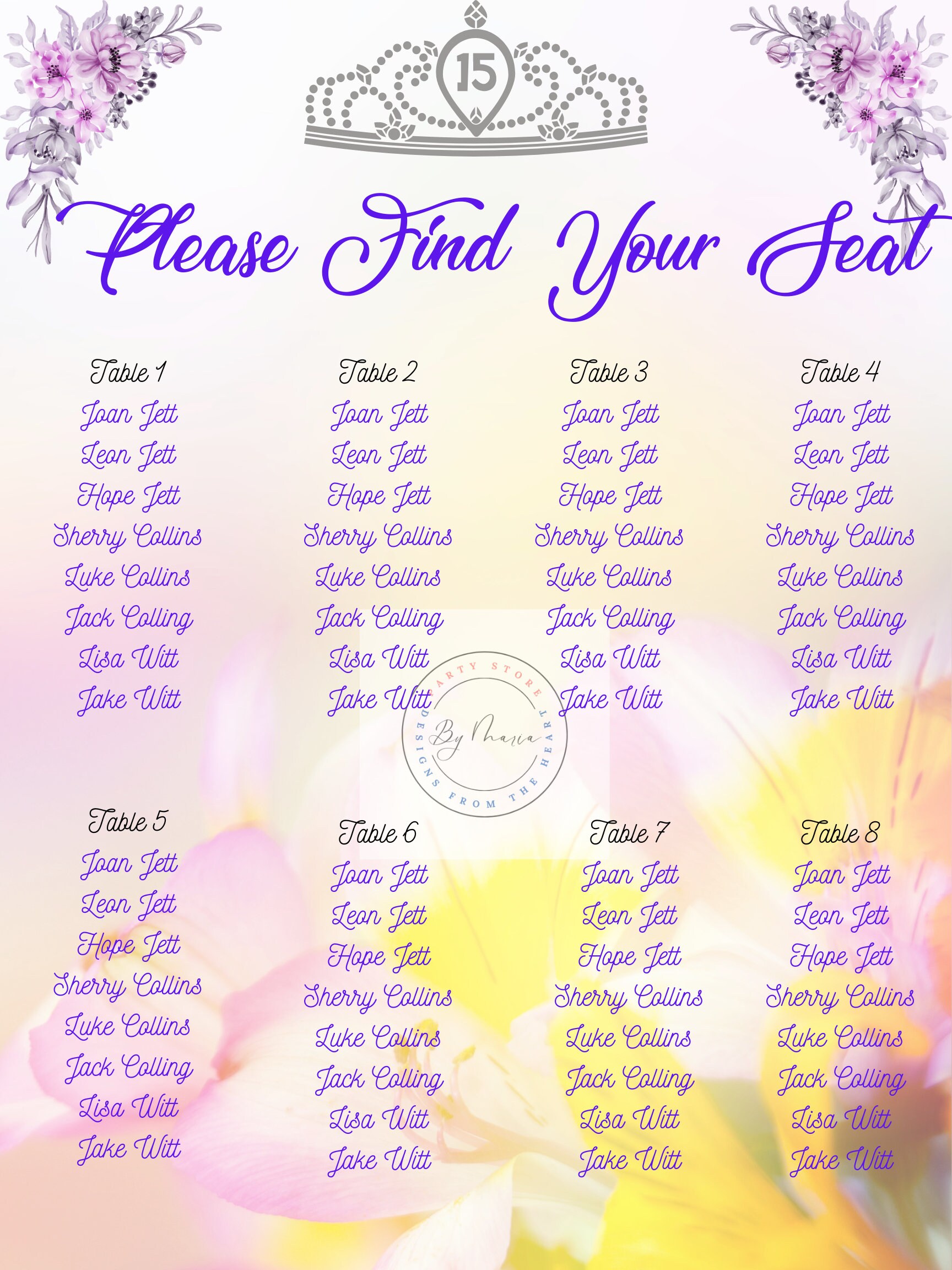 Blossom Quinceanera Seating Chart - Customizable - Digital Download - Etsy