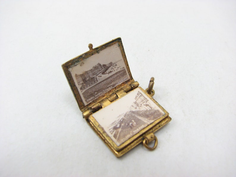 Antique Blue Enamelled Book Gallery Charm, with old Eastbourne photos, 1.8 cm L x 1.4 cm W image 3