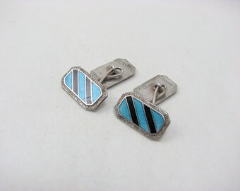 Vintage Silver Enamel Geometric Cufflinks, Black and Blue Stripes, Marked Silver England, c1930s, 1.7cm x 1cm