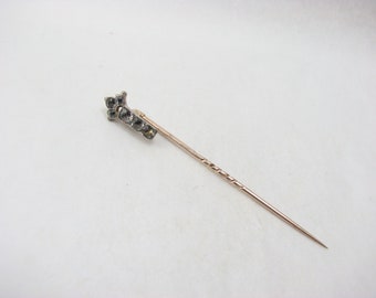 Antique 9ct Gold Cross Stick Pin Set with Clear Pastes backed with White Metal,  7 cm , 2.6 g, c1890s