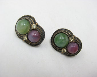 Vintage Miracle Style Celtic Purple and Green Rhinestones Set Push Clip-on Earrings,  2.1 cm (L) x 1.6 cm (W)