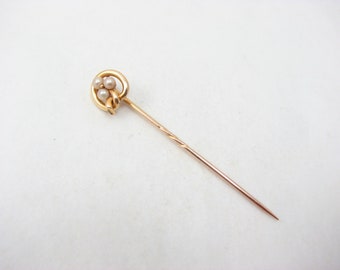 Antique 9ct Gold Natural Pearls Love Knot Finial Stick Pin, 5.5 cm , 2.1g