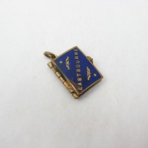 Antique Blue Enamelled Book Gallery Charm, with old Eastbourne photos, 1.8 cm L x 1.4 cm W image 1