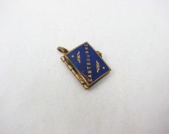 Antique Blue Enamelled Book Gallery Charm, with old Eastbourne photos, 1.8 cm (L) x 1.4 cm (W)