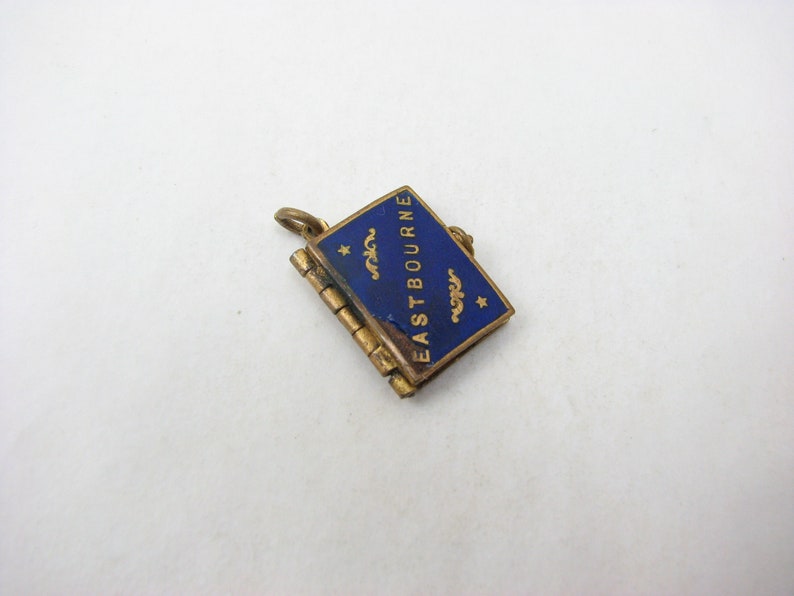 Antique Blue Enamelled Book Gallery Charm, with old Eastbourne photos, 1.8 cm L x 1.4 cm W image 1