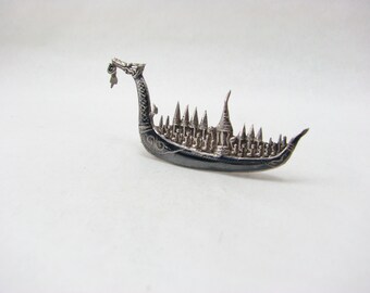 Vintage Thainakon Sterling Silver Thai Dragon Boat Dress Clip ( note: beware the pointy finials), Mid 20th century, c1960s