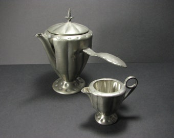 Vintage Savo Norwegian Pewter Arts and Crafts Style Coffee Pot with matching Creamer, Flower Bud Finial, c1960s, pattern 5172
