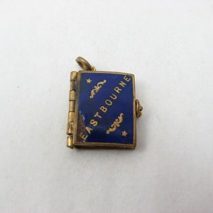 Antique Blue Enamelled Book Gallery Charm, with old Eastbourne photos, 1.8 cm L x 1.4 cm W image 2