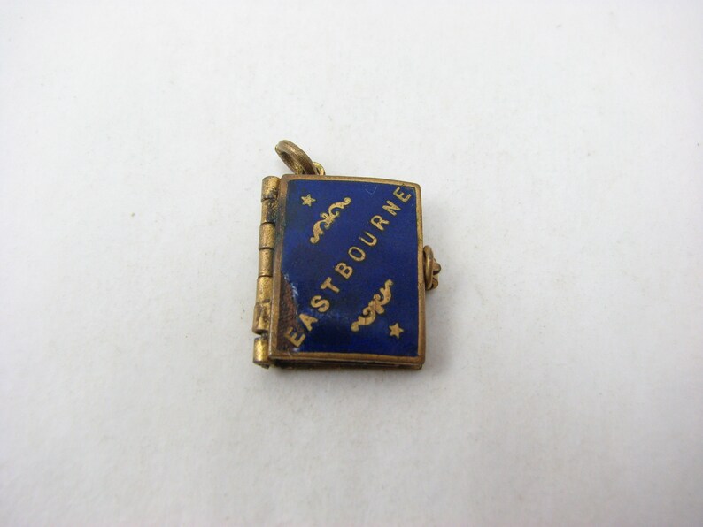 Antique Blue Enamelled Book Gallery Charm, with old Eastbourne photos, 1.8 cm L x 1.4 cm W image 2