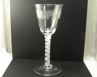 19th Century Double Opaque Twisted Stem Wine Glass with Wheel engraved fruiting vines,  Round funnel bowl, c1880