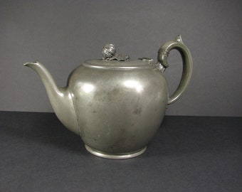 Late 19th C Pewter Teapot with Pumpkin Finial, James Dixon and Sons Sheffield, pattern 2400, 14 cm (H) x 24 cm (L) x 13 cm (W)