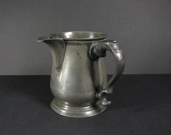 Late 19th C Pewter Pub Mug with Side Spout, by John Warne, Capacity: Pint, London City mark,  engraved "Guildhall Tavern Company" underneath