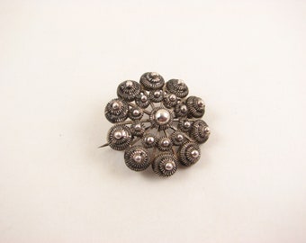 Vintage Dutch 833 Silver Filigree Disc Brooch with swirls, sword mark on clasp, Early 20th century