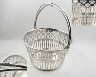 Antique Art and Crafts Style Sterling Silver Basket with Openwork, London 1902, 5cm (H), tapering handle, by Robert Pringle & Sons