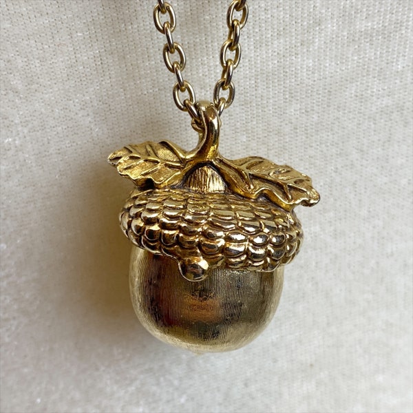 Gold acorn locket pendant with hidden silver squirrel signed Paquette unique figurine necklace