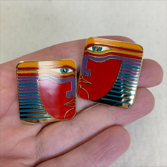 Laurel Burch Red Gold Face “Vayu” Clip On Earrings - image 7