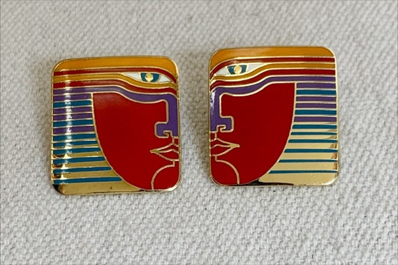Laurel Burch Red Gold Face “Vayu” Clip On Earrings - image 6