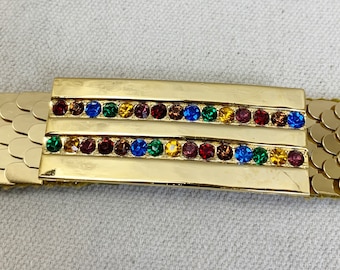 Vintage Goldtone metal fish scale belt with Rhinestone Buckle