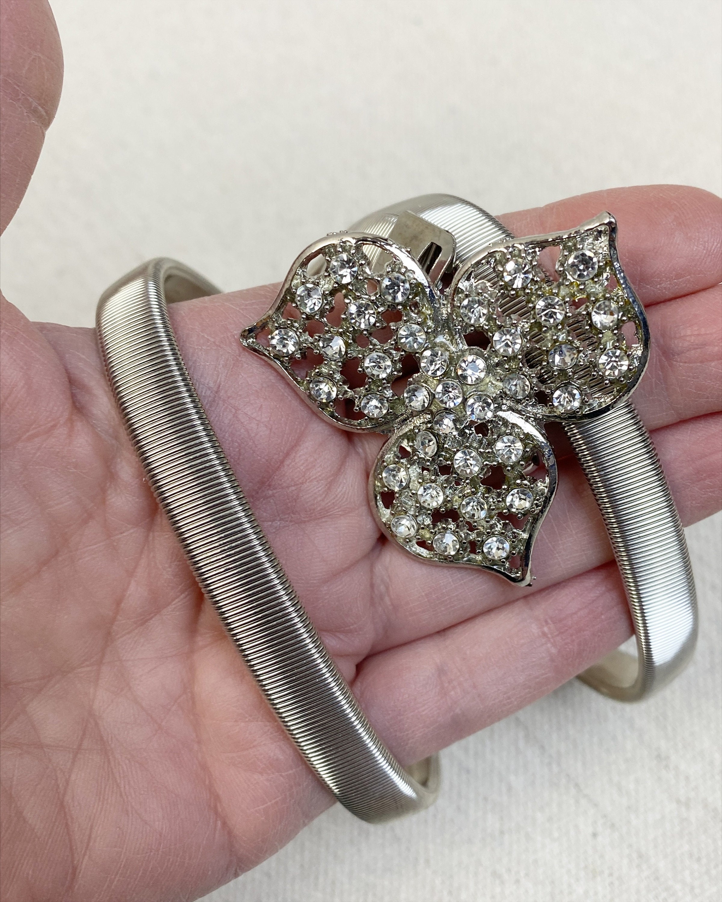Stretchy‎ Elastic Belt Rhinestone Flower Buckle Silver Tone Glamorous Statement Rhinestone Women main image 2
