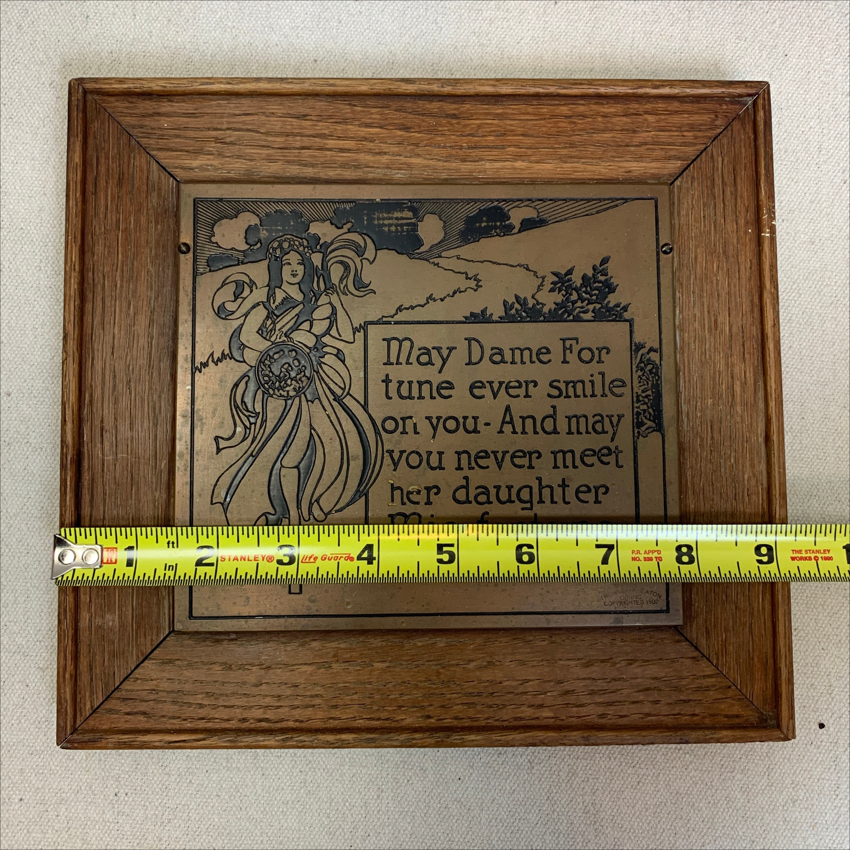 Antique C1902 Art Nouveau Motto Plaque, Brass & Wood by Wharff Eaton