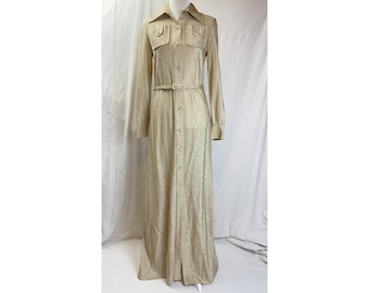70s Silver Gold Metallic Thread Belted  Maxi Shirt Dress
