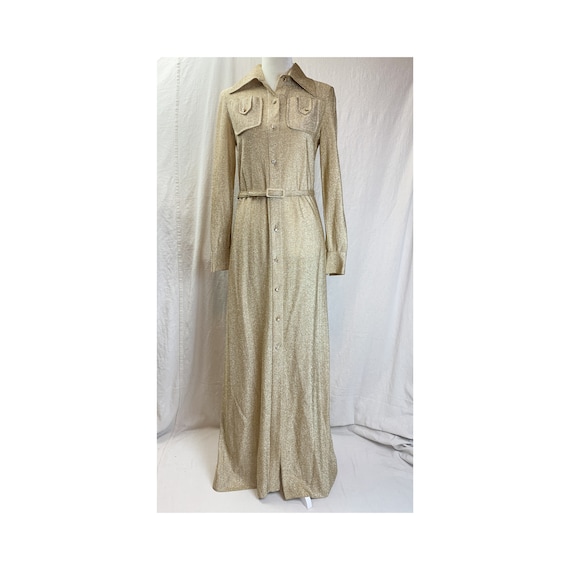 70s Silver Gold Metallic Thread Belted  Maxi Shir… - image 1