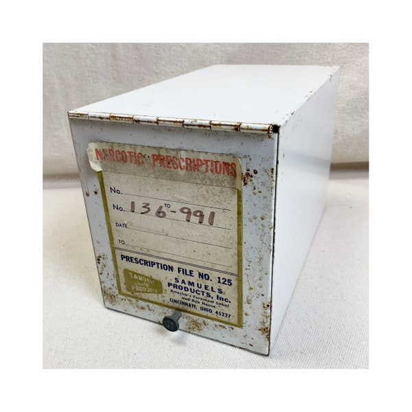 Vintage Prescription File Box White Metal with Hinged Door - Samuels Products - Rx Drug Store Pharmacy