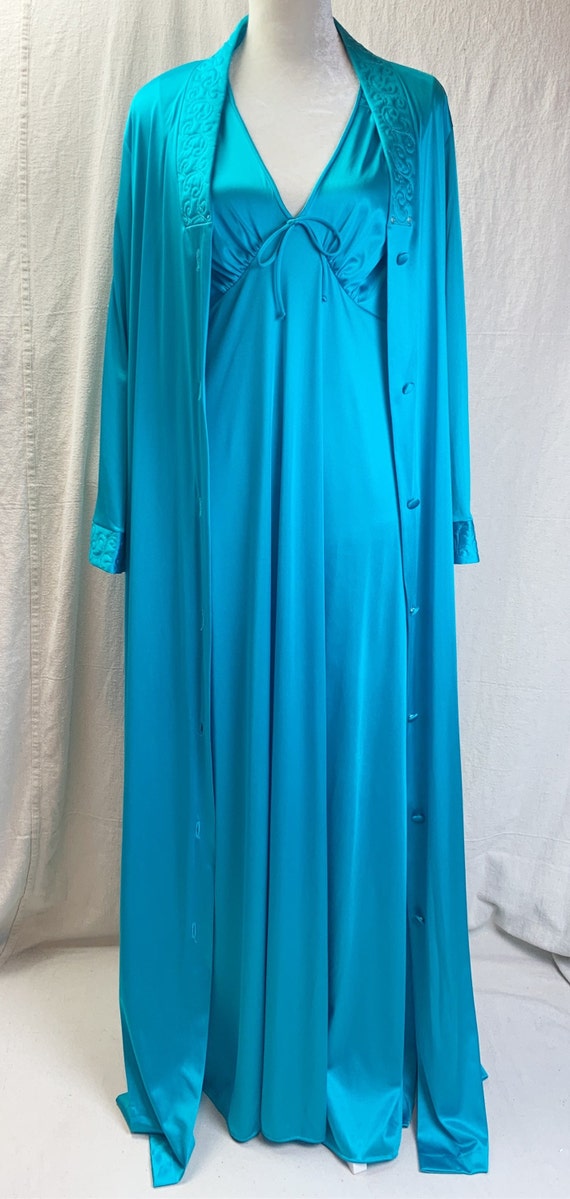 JC Penny Turquoise Nylon Nightgown Robe Quilted D… - image 5