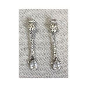 Panetta Rhinestone Silver Tone Vintage Clip Dangle Earrings.
