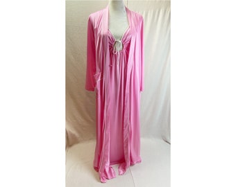 Pink Nightgown Robe Slip Dress 70s Maxi Boho KEYHOLE Peignoir  Vassarette Lingerie Deep V Neck Empire Waist Long Vintage Underneath It All