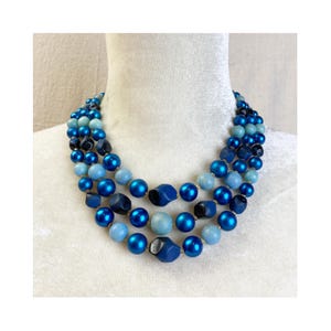 50s Made In Japan Shades Of Dark Blue Three Strand Layered Acrylic Bead Necklace
