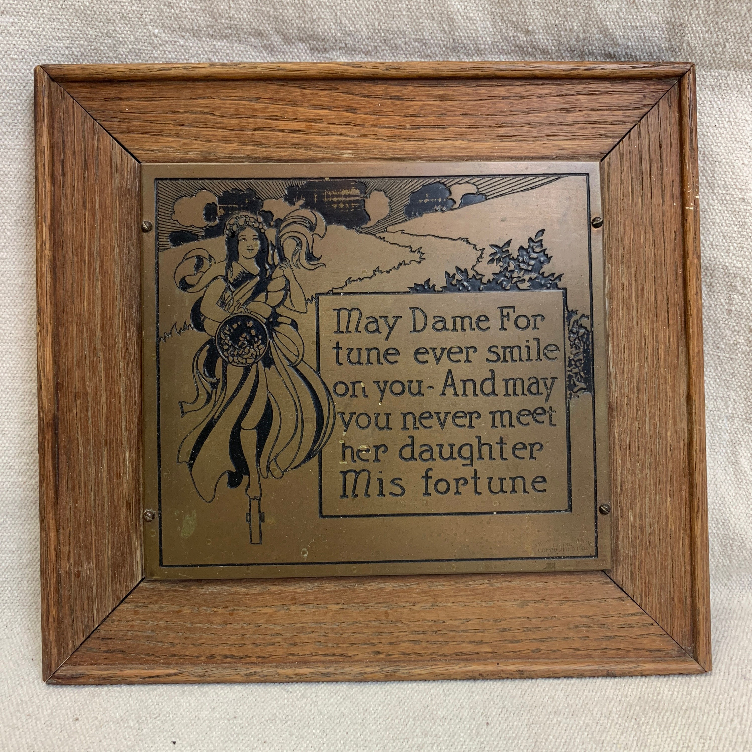 Antique C1902 Art Nouveau Motto Plaque, Brass & Wood by Wharff Eaton