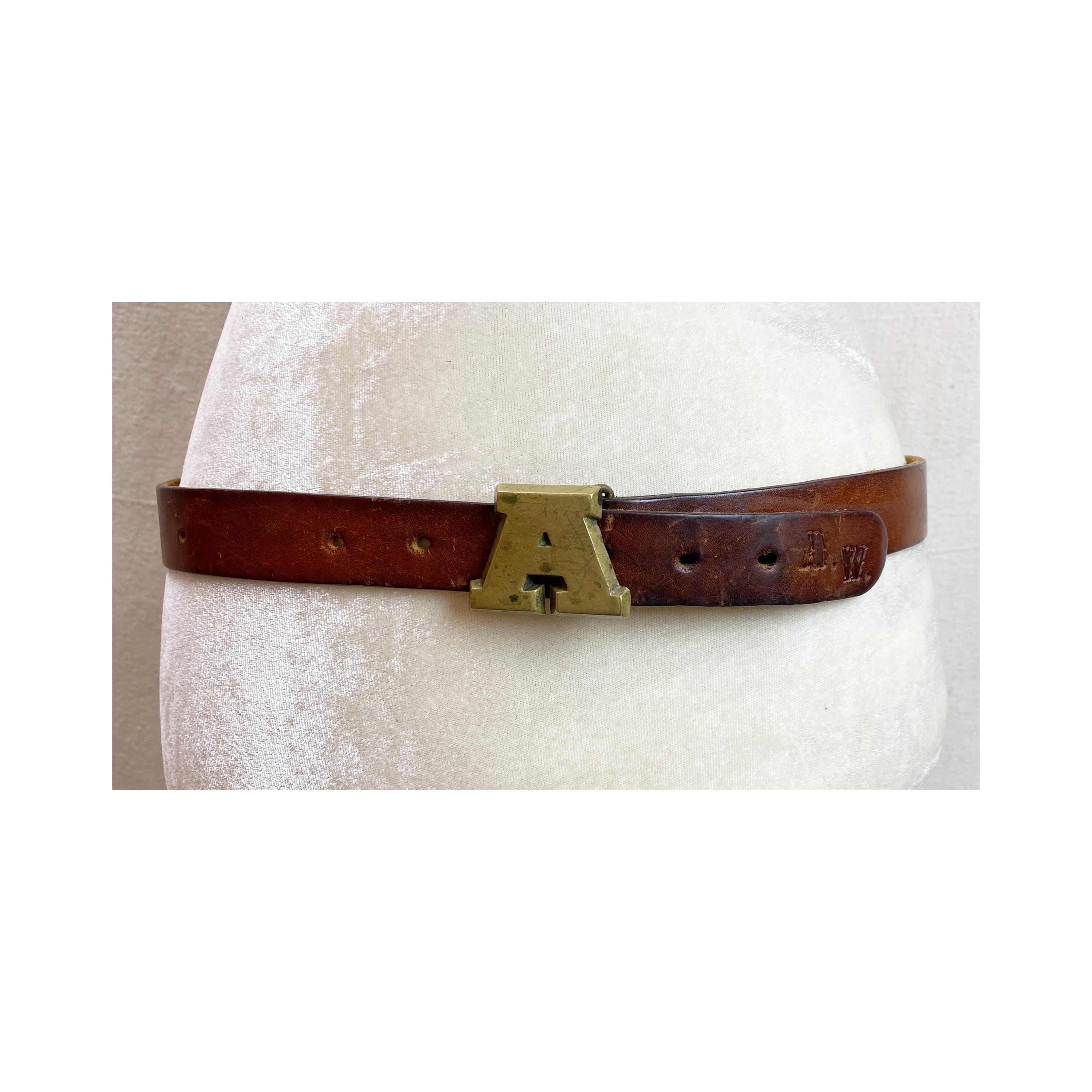 Vintage Brown Stamped AW Leather Belt With Solid Brass 