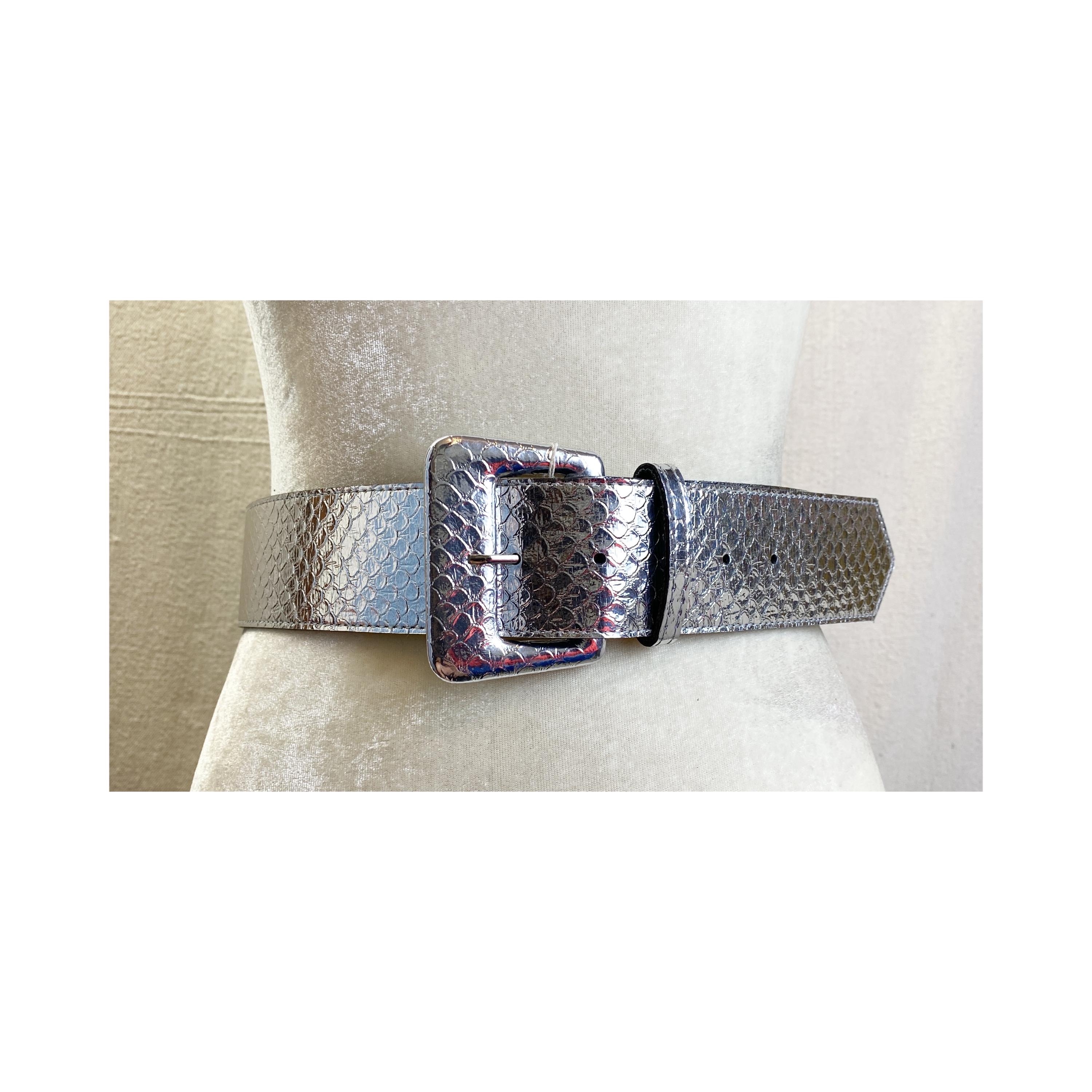 Kandell And Marcus Belt S Women Silver Snakeskin Glossy Chrome Chunky Faux Wide NOS Kandell & Marcus Wide Metallic Silver Belt M/L Faux  main image 2