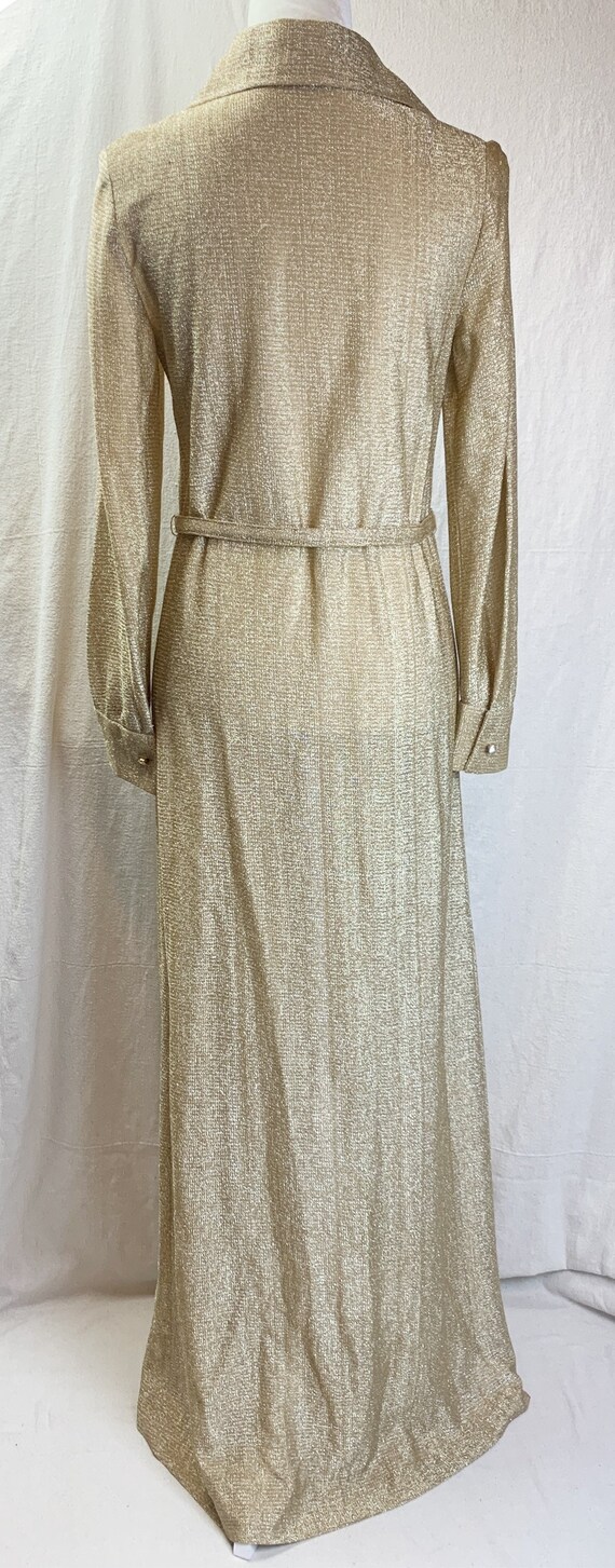70s Silver Gold Metallic Thread Belted  Maxi Shir… - image 3