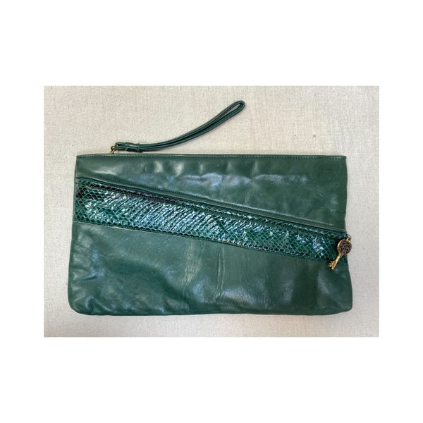 Ruth Saltz emerald green leather and snakeskin large wristlet clutch