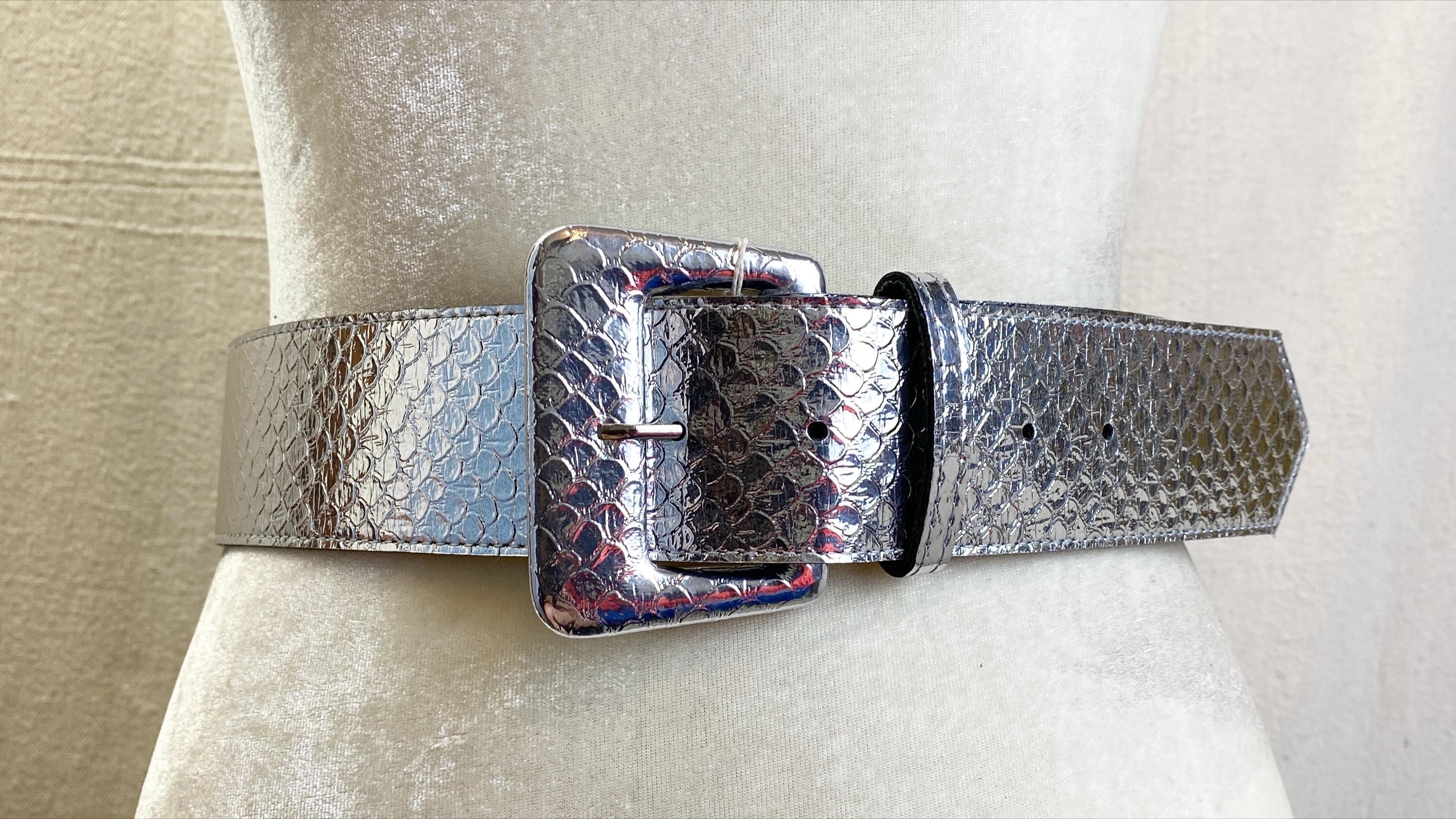 NOS Kandell & Marcus Wide Metallic Silver Belt M/L Faux  display picture 2