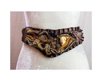 Vintage 80s 90s Wide Stretch Belt With Leather, Cord, Bead  display picture 3