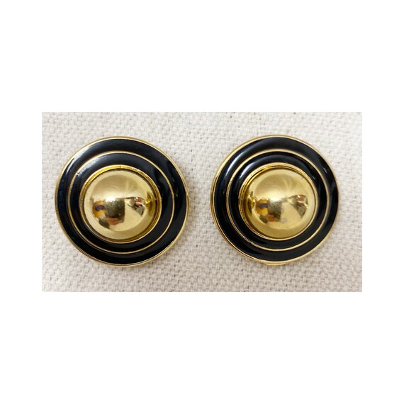 90s Chunky Gold and Black Enamel Clip Earrings | … - image 1