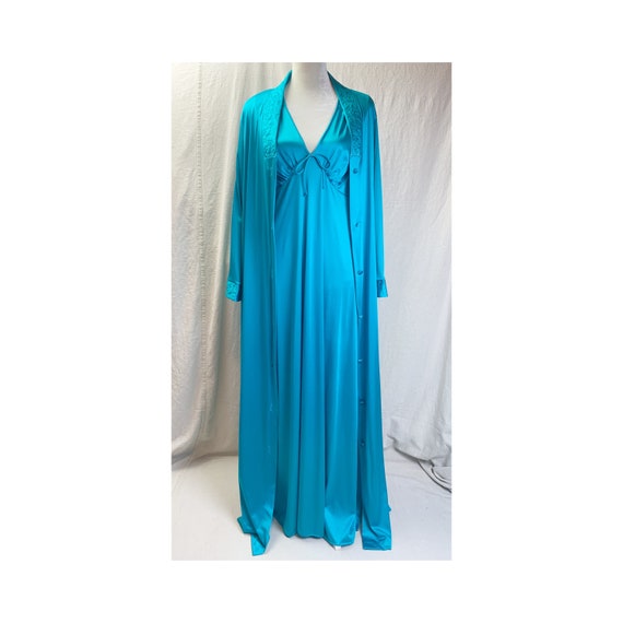 JC Penny Turquoise Nylon Nightgown Robe Quilted D… - image 1