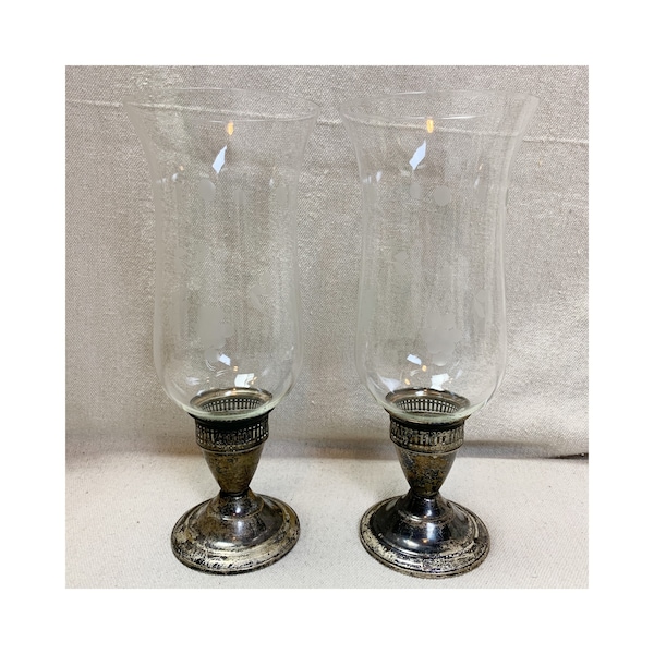 Pair Duchin Creation Sterling Silver Candle holders with etched Glass Hurricanes