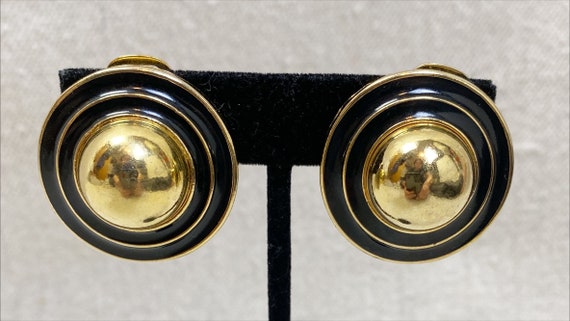 90s Chunky Gold and Black Enamel Clip Earrings | … - image 3