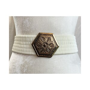 Vintage Wide Cream Stretch Belt with Antiqued Gold Hexagonal Buckle