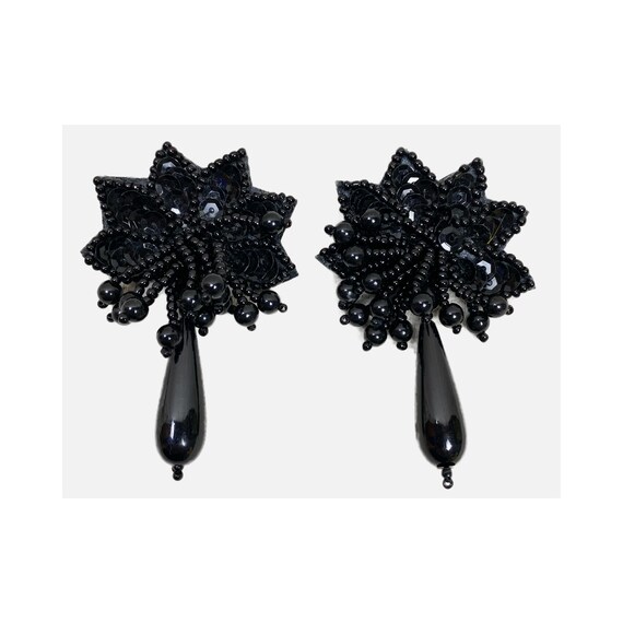1980s Glam Black Sequins and Beaded Dangle Earrings