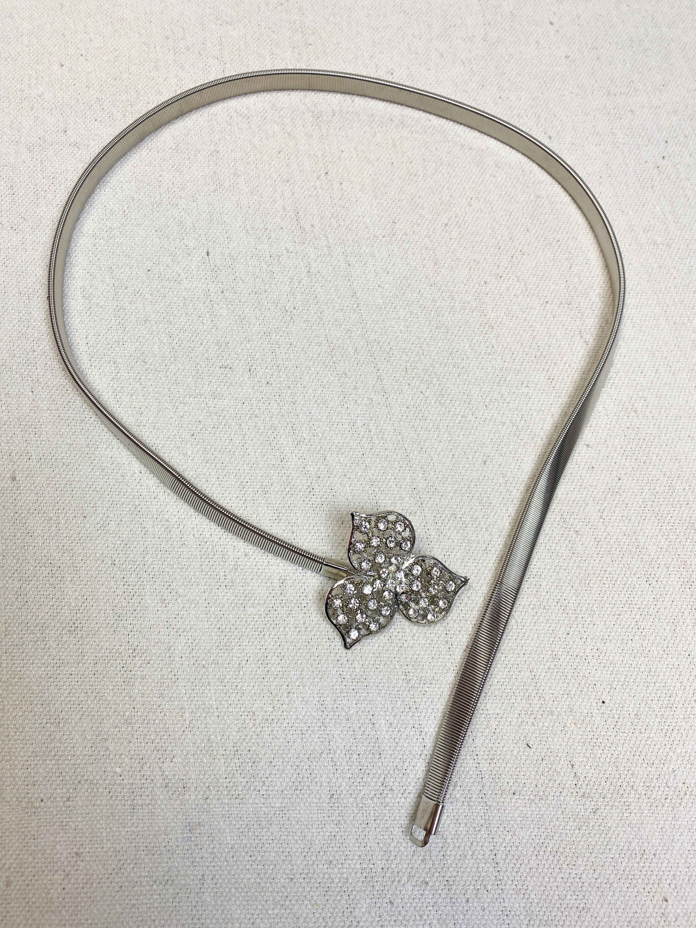 Rhinestone Flower Buckle Silver Tone Skinny Slinky Metal 