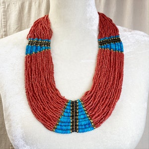 Costume Faux Turquoise and Coral Multi-Strand Ethnic Beaded Statement Necklace