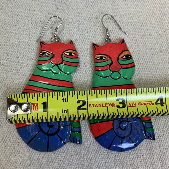 Vintage 80s 90s Painted Funky Cat Earrings - image 5