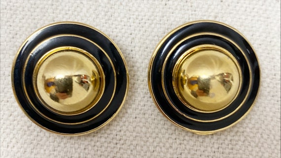 90s Chunky Gold and Black Enamel Clip Earrings | … - image 6